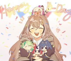 Rule 34 | 5girls, :d, ahoge, birthday, brown capelet, brown cloak, brown hair, bunting, capelet, ceres fauna, cloak, closed eyes, confetti, english text, feather hair ornament, feathers, gloves, hair ornament, hairclip, hakos baelz, happy birthday, highres, holocouncil, hololive, hololive english, long hair, multicolored hair, multiple girls, nanashi mumei, open mouth, ouro kronii, partially fingerless gloves, ponytail, shirt, sk13, smile, smol baelz, smol fauna, smol kronii, smol sana, streaked hair, teeth, tsukumo sana, upper teeth only, very long hair, virtual youtuber, white shirt