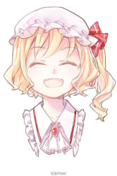 Rule 34 | 1girl, blonde hair, closed eyes, fang, flandre scarlet, frills, hat, hat ribbon, mob cap, open mouth, red ribbon, ribbon, side ponytail, simple background, solo, touhou, tsukimiya kamiko, upper body, white background