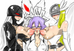 Rule 34 | 3girls, angel and devil, angewomon, armor, belt, blonde hair, breastplate, breasts, clothing cutout, demon girl, digimon, digimon world re:digitize, female focus, helmet, lactation, ladydevimon, large breasts, mikagura mirei, multiple girls, navel cutout, nipples, purple hair, saliva, silver hair, skull, stitched, strap, thighs, third-party edit, tongue, topless, torn clothes, winged helmet, yuri