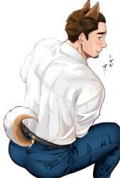 Rule 34 | 1boy, animal ears, ass, bara, blush, collared shirt, denim, dog boy, dog ears, dog tail, facial hair, feet out of frame, from above, goatee stubble, highres, jeans, looking at viewer, looking back, male focus, mature male, original, pants, profile, schwinn57, shirt, short hair, sideburns, sideburns stubble, solo, stubble, tail, thick eyebrows, translation request, white background
