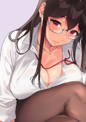 Rule 34 | 1girl, black hair, black pantyhose, blush, breasts, cleavage, collared shirt, commentary request, crossed legs, dress shirt, earrings, glasses, hair between eyes, jewelry, lanyard, large breasts, looking at viewer, necklace, office lady, original, pantyhose, pink lips, purple background, red eyes, sasamori tomoe, shirt, sidelocks, sleeves rolled up, unbuttoned, unbuttoned shirt, white shirt