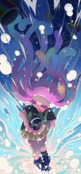 Rule 34 | 1girl, artist name, black shirt, blue background, blue footwear, blue hair, blurry, blurry foreground, blush, bracelet, colored eyelashes, commentary request, drooling, eyelashes, fish, floating hair, full body, gradient hair, green eyes, green hair, harmony&#039;s clownfish (splatoon), harmony (splatoon), highres, iguana152588, jewelry, long hair, miniskirt, multicolored hair, nintendo, open mouth, pink hair, pleated skirt, print shirt, shirt, shoes, short sleeves, skirt, smile, sneakers, solo, sparkle, splatoon (series), splatoon 3, standing, t-shirt, tentacle hair, very long hair, water, yellow skirt