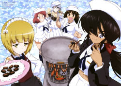 Rule 34 | 10s, absurdres, black hair, blonde hair, blush stickers, brown eyes, brown hair, chocolate, clenched hand, cooking, cutlass (girls und panzer), dress, fish, flint (girls und panzer), food, girls und panzer, glass, grey eyes, grey hair, grill, grilling, hat, highres, holding, holding smoking pipe, maid, microphone, multiple girls, murakami (girls und panzer), official art, ogin (girls und panzer), open mouth, plate, red hair, root beer, rum (girls und panzer), sailor dress, sailor hat, sausage, school uniform, smile, smoking pipe, sugimoto isao, waitress, yellow eyes