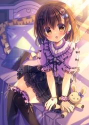 Rule 34 | 1girl, :d, arm support, black bow, black skirt, black thighhighs, blue bow, blush, bow, brown eyes, brown hair, earrings, frilled pillow, frilled shirt, frilled thighhighs, frills, hair between eyes, hair bow, hair ornament, heart, heart earrings, heart hair ornament, highres, indoors, jewelry, kouta., nail polish, on bed, open mouth, original, over-kneehighs, pillow, pink nails, pleated skirt, puffy short sleeves, puffy sleeves, purple shirt, shirt, short sleeves, sitting, skirt, smile, solo, stuffed animal, stuffed rabbit, stuffed toy, sunlight, thighhighs, window, wrist cuffs, x hair ornament