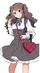 Rule 34 | 1girl, bad id, bad twitter id, black bow, black ribbon, blush, bow, brown hair, buttons, closed mouth, double-breasted, dress, grey dress, hair ribbon, heart-shaped bag, highres, ikeuchi tanuma, long sleeves, looking at viewer, original, purple eyes, ribbon, shirt, simple background, sketch, solo, standing, suspenders, two side up, white background, white shirt