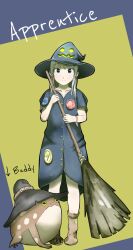 Rule 34 | 1girl, 1other, animal, blonde hair, blue background, blue eyes, boots, border, bracelet, broom, brown footwear, english text, frog, full body, hat, highres, holding, holding broom, jewelry, light smile, looking at viewer, medium hair, original, simple background, witch, witch hat, yellow background, zawa zawa ya