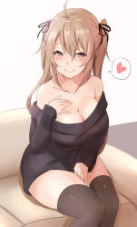Rule 34 | 1girl, absurdres, aged up, ahoge, black sweater, breasts, brown eyes, brown thighhighs, cleavage, collarbone, couch, dress, closed eyes, hair between eyes, hair tie, hand on own chest, heart, highres, kantai collection, large breasts, light brown hair, long hair, looking at viewer, murasame (kancolle), saku (kudrove), simple background, sitting, smile, solo, spoken heart, sweater, sweater dress, thighhighs, twintails, very long hair, white background