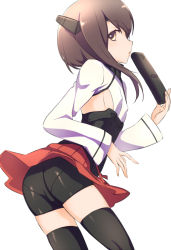Rule 34 | 10s, 1girl, ass, bike shorts, blush, brown eyes, brown hair, flat chest, headgear, kantai collection, kawagoe pochi, looking at viewer, personification, pleated skirt, short hair, skirt, solo, taihou (kancolle), thighhighs