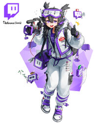 Rule 34 | 1girl, absurdres, backpack, bag, banknote, black hair, camera, fish, full body, hair between eyes, highres, holding, holding camera, jacket, long hair, long sleeves, looking at viewer, money, open mouth, original, pants, personification, print shirt, purple eyes, purple shirt, rinotuna, shirt, shoulder bag, smile, solo, standing, thumbs up, twitch.tv, white jacket, white pants, zipper, zipper pull tab