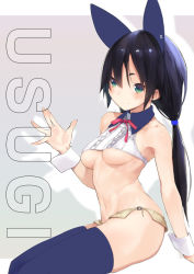 Rule 34 | 1girl, animal ears, black hair, blush, breasts, rabbit ears, commentary request, crop top, detached collar, fake animal ears, green eyes, invisible chair, jiyu2, long hair, low ponytail, microskirt, midriff, navel, original, sitting, skirt, small breasts, smile, solo, stomach, thighhighs, underboob, waving, wrist cuffs