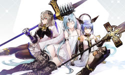 Rule 34 | 3girls, absurdres, armor, armored boots, azur lane, bare shoulders, black footwear, bodystocking, boots, breastplate, breasts, champagne (azur lane), closed eyes, comaza, cross-laced footwear, cross hair ornament, crossed bangs, crown, dress, flat chest, gascogne (azur lane), gauntlets, grey hair, hair ornament, headgear, high heels, highres, holding, holding polearm, holding spear, holding weapon, long hair, looking at viewer, medium breasts, medium hair, miniskirt, multiple girls, pleated skirt, polearm, red eyes, saint-louis (azur lane), short hair, simple background, skirt, sleeveless, sleeveless dress, spear, stiletto heels, strapless, strapless dress, very long hair, weapon, white dress, white footwear, white skirt, yellow eyes