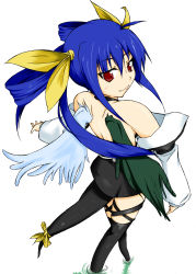 Rule 34 | 1girl, alternate breast size, angel wings, asymmetrical wings, back, backboob, bare shoulders, belt, black panties, black thighhighs, blue hair, breasts, choker, dizzy (guilty gear), dokkanohukukaityou, from behind, guilty gear, guilty gear x, guilty gear xx, hair between eyes, highres, long hair, long sleeves, looking back, low twintails, monster girl, navel, panties, puffy long sleeves, puffy sleeves, red eyes, ribbon, ripples, sidelocks, small breasts, solo, tail, tail ornament, tail ribbon, thigh strap, thighhighs, twintails, underboob, underwear, water, wings