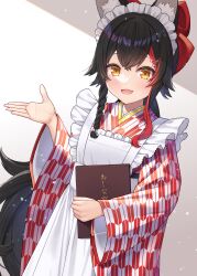 Rule 34 | 1girl, :d, absurdres, alternate costume, animal ear fluff, animal ears, apron, black hair, blush, braid, enmaided, fang, flipped hair, frilled apron, frills, hair between eyes, hair ornament, hairclip, half updo, highres, hololive, long hair, looking at viewer, low ponytail, maid, maid apron, maid headdress, multicolored hair, ookami mio, open mouth, red hair, side braid, sidelocks, skin fang, smile, solo, spiked hair, streaked hair, tomozu, very long hair, virtual youtuber, wa maid, white apron, wolf ears, yellow eyes