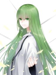 Rule 34 | 1boy, androgynous, chain, closed mouth, commentary request, enkidu (fate), fate/grand order, fate (series), from side, green eyes, green hair, hand up, long hair, long sleeves, looking at viewer, looking to the side, male focus, robe, smile, solo, upper body, very long hair, waka (shark waka), white robe, wide sleeves