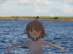 Rule 34 | 1girl, aircraft, airplane, alternate costume, asasow, blue sky, brown eyes, brown hair, chain-link fence, cloud, cloudy sky, collared shirt, commentary request, day, fence, floating hair, hatoba tsugu, horizon, looking at viewer, medium hair, outdoors, outstretched arms, photo background, raised eyebrows, shirt, short sleeves, single hair ring, sky, smile, solo, spread arms, tsugu (vtuber), upper body, virtual youtuber, water