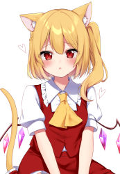 Rule 34 | 1girl, absurdres, animal ear fluff, animal ears, ascot, blonde hair, blush, breasts, cat ears, cat tail, collared shirt, commentary request, crystal, eyelashes, eyes visible through hair, flandre scarlet, frills, hair between eyes, heart, highres, jewelry, kemonomimi mode, looking at viewer, medium breasts, multicolored wings, no headwear, one side up, open mouth, puffy short sleeves, puffy sleeves, red eyes, red skirt, red vest, shinonome asu, shirt, short hair, short sleeves, simple background, sitting, skirt, skirt set, solo, tail, touhou, vest, white background, white shirt, wings, yellow ascot