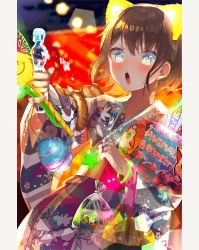 Rule 34 | 1girl, :o, absurdres, bag, bagged fish, blue eyes, blurry, blurry background, blush, bottle, brown hair, candy, fish, food, hair ornament, hairclip, highres, holding, holding bottle, huge filesize, japanese clothes, kimono, krlouvf, looking at viewer, night, original, outdoors, ramune, solo, standing, toy, water yoyo, yukata