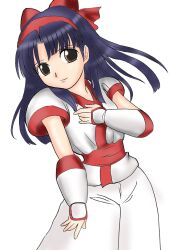Rule 34 | 1girl, blue hair, breasts, brown eyes, hair ribbon, hand on own chest, highres, legs, long hair, looking at viewer, nakoruru, pants, ribbon, samurai spirits, small breasts, smile, snk, solo, the king of fighters, thighs