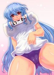 Rule 34 | 1girl, alternate costume, blue hair, blush, breasts, buruma, cameltoe, clothes writing, covered erect nipples, embarrassed, fat mons, female focus, fingernails, from below, frown, gradient background, gym uniform, impossible clothes, impossible shirt, kamishirasawa keine, large breasts, long hair, looking at viewer, looking down, name tag, partially visible vulva, puffy nipples, purple buruma, red eyes, shirt, sidelocks, simple background, solo, spread legs, standing, sweat, taut clothes, taut shirt, thick thighs, thighs, touhou, very long hair, wakura (gcdan), wavy hair, wavy mouth, wet