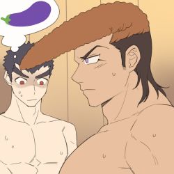 Rule 34 | 2boys, brown hair, closed mouth, danganronpa: trigger happy havoc, danganronpa (series), from side, girl staring at guy&#039;s chest (meme), ishimaru kiyotaka, large pectorals, looking at another, male focus, medium hair, meme, multicolored hair, multiple boys, muscle envy, muscular, muscular male, nude, owada mondo, p3ta (yio), pectoral focus, pectorals, penis envy, pompadour, profile, red eyes, short hair, sweat, two-tone hair, upper body
