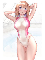 Rule 34 | 1girl, arms behind head, breasts, brown eyes, commentary request, competition swimsuit, cowboy shot, indoors, large breasts, light brown hair, looking at viewer, mashinatsu, multicolored clothes, multicolored swimsuit, one-piece swimsuit, original, pool, rei no pool, short hair, solo, swimsuit, turtleneck, white one-piece swimsuit