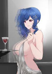Rule 34 | 1girl, absurdres, alcohol, azur lane, backless dress, backless outfit, bare arms, bare shoulders, black gloves, blue hair, breasts, cleavage, closed mouth, cup, dress, drinking glass, earrings, evening gown, gloves, grey dress, hair ornament, hairclip, halter dress, halterneck, highres, holding, holding tray, indoors, jewelry, large breasts, nail polish, nmk4888, plunging neckline, purple eyes, revealing clothes, side ponytail, sideboob, sidelocks, silver dress, smile, st. louis (azur lane), st. louis (luxurious wheels) (azur lane), tray