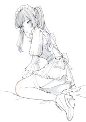 Rule 34 | 1girl, ankle strap, blue eyes, carrot (robosquat), garter straps, greyscale, high heels, highres, lineart, long hair, long sleeves, looking at viewer, maid, maid day, maid headdress, monochrome, original, panties, pantyshot, parted lips, sidelocks, solo, spot color, thighhighs, underwear