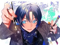 Rule 34 | 1girl, absurdres, androgynous, blue eyes, blue hair, chain necklace, collared shirt, dark blue hair, grey jacket, highres, hiodoshi ao, holding, holding paintbrush, holding pen, hololive, hololive dev is, jacket, jewelry, light particles, looking at object, mole, mole under mouth, necklace, paintbrush, pen, pinstripe jacket, pinstripe pattern, reverse trap, ring, shima shimas, shirt, short hair, solo, striped clothes, striped jacket, tomboy, upper body, vertical-striped clothes, vertical-striped jacket, virtual youtuber