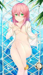 Rule 34 | absurdres, anklet, bottomless, breast hold, breasts, coconut, from above, green eyes, hallohi, highres, jewelry, legs together, lens flare, lying, medium breasts, on back, open clothes, open shirt, original, pink hair, smile, solo, water, water drop