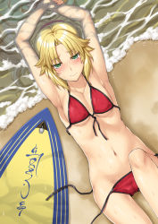 Rule 34 | 1girl, armpits, arms up, beach, bikini, blonde hair, blush, breasts, collarbone, fate/apocrypha, fate/grand order, fate (series), front-tie bikini top, front-tie top, green eyes, looking at viewer, lying, mordred (fate), mordred (fate) (all), mordred (fate/apocrypha), mordred (swimsuit rider) (fate), mordred (swimsuit rider) (first ascension) (fate), navel, on back, outdoors, ponytail, red bikini, sand, scrunchie, side-tie bikini bottom, small breasts, solo, string bikini, surfboard, swimsuit, uemukai dai, untied bikini, water, wet