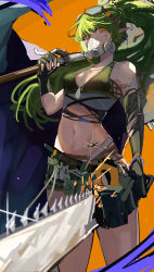 Rule 34 | 1girl, absurdres, arknights, asymmetrical gloves, bare shoulders, black gloves, chainsaw, cowboy shot, crop top, fingerless gloves, gavial (arknights), gavial the invincible (arknights), gloves, goggles, goggles on head, green hair, highres, long hair, looking at viewer, maple (luoty111), mask, midriff, mouth mask, navel, orange background, ponytail, solo, standing, stomach, thighs, very long hair, yellow eyes