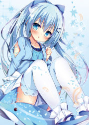 Rule 34 | 1girl, blue background, blue bow, blue dress, blue eyes, blue footwear, blue hair, blue theme, bow, dolphin, dress, flower knight girl, hair bow, huei nazuki, long hair, looking at viewer, nerine (flower knight girl), ponytail, shoes, solo, symbol in eye, thighhighs, white thighhighs