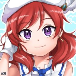Rule 34 | 10s, 1girl, bad id, bad pixiv id, earrings, fingerless gloves, gloves, hand in own hair, hat feather, jewelry, kim bae-eo, looking at viewer, love live!, love live! school idol project, necktie, nishikino maki, portrait, purple eyes, red hair, signature, smile, solo, white gloves, wonderful rush