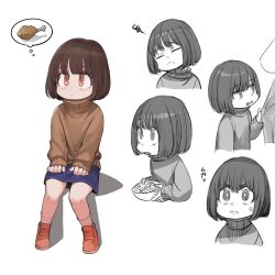 Rule 34 | 1girl, anger vein, boned meat, bowl, brown eyes, brown hair, chicken (food), chicken leg, child, closed eyes, commentary request, food, highres, holding, holding bowl, jun (navigavi), little sister (navigavi), looking at viewer, meat, medium hair, multiple views, original, shoes, sitting, skirt, sparkling eyes, sweater, thought bubble, white background
