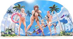 Rule 34 | 5girls, absurdres, ahoge, anti-materiel rifle, ball, barefoot, beachball, beast hunter (last origin), bikini, bikini top only, bikini under clothes, black bikini, black footwear, black jacket, black pasties, blonde hair, blue bikini, bracelet, breasts, brown eyes, brown hair, casual one-piece swimsuit, cleavage, cloud, cloudy sky, collarbone, criss-cross halter, cropped jacket, curly hair, duct tape, emily (last origin), english text, flip-flops, flower, food, food in mouth, from below, full body, game cg, gluteal fold, grass, grin, groin, groin tendon, gun, hair between eyes, hair flower, hair ornament, halterneck, hand on own thigh, heart, heart bikini, heart maebari, hibiscus, high heels, highleg, highleg bikini, highleg swimsuit, highres, holding, holding ball, holding food, holding gun, holding popsicle, holding swim ring, holding weapon, huge breasts, huge weapon, innertube, jacket, jewelry, large breasts, last origin, leaning forward, legs apart, lens flare, lifebuoy, light green hair, linea alba, long hair, looking at viewer, maebari, medium breasts, micro bikini, multicolored bikini, multicolored clothes, multiple girls, nail polish, navel, necklace, official alternate costume, official art, one-piece swimsuit, open clothes, open jacket, open mouth, outdoors, palm tree, pani (last origin), pasties, pink eyes, pink flower, pink hair, ponytail, popsicle, popsicle in mouth, purple eyes, purple flower, raven (last origin), red bikini, red eyes, rifle, ring, royal arsenal, sandals, see-through, see-through shirt, shiny skin, shirt, short sleeves, side-tie bikini bottom, sideboob, skindentation, sky, slingshot swimsuit, small breasts, smile, sniper rifle, standing, standing on one leg, star sticker, sticker, strappy heels, string bikini, striped bikini, striped clothes, sun, swim ring, swimsuit, swimsuit under clothes, swimsuit under swimsuit, tachi-e, taesi, tape, tape on nipples, tape on pussy, taut clothes, taut shirt, thick thighs, thigh strap, thighs, third-party source, tied shirt, transparent background, tree, very long hair, water gun, waving, weapon, wet, wet clothes, wet shirt, white hair, white nails, white one-piece swimsuit, white shirt