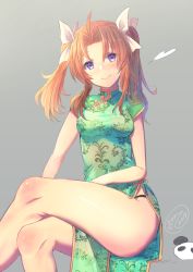 Rule 34 | 1girl, ahoge, alternate costume, blush, brown hair, china dress, chinese clothes, commentary request, cowboy shot, crossed legs, dress, gradient background, green dress, grey background, hair ribbon, ittokyu, kagerou (kancolle), kagerou kai ni (kancolle), kantai collection, long hair, looking at viewer, panda, purple eyes, ribbon, simple background, sitting, smile, solo, twintails, white ribbon
