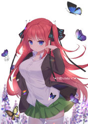 Rule 34 | 1girl, black cardigan, black ribbon, blue eyes, blunt bangs, blush, breasts, bug, butterfly, butterfly hair ornament, cardigan, closed mouth, go-toubun no hanayome, green skirt, hair ornament, hand on own hip, highres, hime cut, insect, large breasts, long hair, looking at viewer, nakano nino, open cardigan, open clothes, pink hair, ribbon, school uniform, shirt, simple background, skirt, thick thighs, thighhighs, thighs, twintails, v-shaped eyebrows, white background, white shirt, white thighhighs, xiao shi lullaby, zettai ryouiki