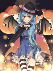 Rule 34 | 1girl, :q, aqua eyes, aqua hair, bad id, bad pixiv id, cape, choker, cowboy shot, demon tail, demon wings, detached sleeves, dress, earrings, hair bobbles, hair ornament, halloween, hat, hatsune miku, highres, hinata (uzukitten), horns, jack-o&#039;-lantern, jewelry, long hair, looking at viewer, nail polish, pointy ears, solo, striped clothes, striped thighhighs, tail, thigh gap, thighhighs, tongue, tongue out, twintails, very long hair, vocaloid, wings, witch hat