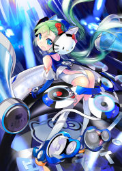 Rule 34 | 1girl, absurdres, animal ears, ass, blue eyes, bodysuit, cat tail, detached sleeves, fake animal ears, green hair, headset, hello kitty, hello kitty to issho!, highres, leaning forward, phonograph, sanrio, speaker, tail, thighhighs, turntable, white thighhighs, zeco