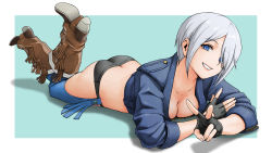 Rule 34 | 1girl, angel (kof), ass, blue background, blue eyes, boots, breasts, butt crack, chaps, cleavage, collarbone, commentary request, cropped jacket, fingerless gloves, fingernails, full body, gloves, hair over one eye, highres, jacket, knee boots, looking at viewer, lying, medium breasts, on stomach, panties, parted lips, shadow, short hair, sleeves rolled up, smile, solo, teeth, the king of fighters, the king of fighters 2001, the pose, underwear, v, white hair, x chitch
