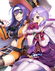 Rule 34 | 2girls, adapted costume, blue hair, breasts, buttons, candy, candy wrapper, cape, circlet, dress, eating, fire emblem, fire emblem: path of radiance, fire emblem: radiant dawn, fire emblem heroes, food, gloves, gonzarez, green eyes, grin, hairband, hat, headband, heart, highres, ilyana (fire emblem), large breasts, long hair, long sleeves, low-tied long hair, mia (fire emblem), midriff, multiple girls, navel, nintendo, one eye closed, pantyhose, purple eyes, purple gloves, purple hair, sideboob, simple background, smile, tight dress, white background, white hairband, white headband, witch hat