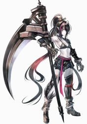 Rule 34 | 1girl, bare shoulders, black hair, chain, clawed gauntlets, closed mouth, gauntlets, grey background, hair over one eye, huge weapon, long hair, multicolored hair, navel, original, pale skin, pink eyes, pink hair, pointy ears, ponytail, scythe, simple background, solo, standing, sushi (sashimise), very long hair, weapon