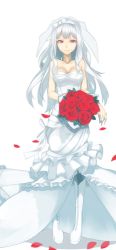 Rule 34 | 1girl, bare shoulders, black pantyhose, boots, bouquet, breasts, bridal veil, cleavage, cross-laced footwear, dress, fingernails, flower, full body, hairband, highres, idolmaster, idolmaster (classic), knee boots, long hair, long image, pantyhose, petals, red eyes, red flower, red rose, rose, rose petals, ryunag, sharp fingernails, shijou takane, silver hair, simple background, smile, solo, strapless, strapless dress, tall image, veil, wedding dress, white background, white dress