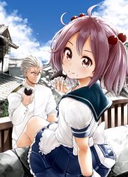 Rule 34 | 10s, 1boy, 1girl, admiral (kancolle), against railing, ahoge, apron, blue skirt, blue sky, blush, building, cloud, day, eating, food, from behind, hair bobbles, hair ornament, highres, holding, holding food, house, kantai collection, kneehighs, long sleeves, looking at viewer, looking back, military, military uniform, naval uniform, outdoors, pink hair, pleated skirt, puffy short sleeves, puffy sleeves, railing, sazanami (kancolle), sazanami kai (kancolle), school uniform, serafuku, short sleeves, short twintails, silver hair, sitting, skirt, sky, soborou, socks, sweets, tareme, town, twintails, uniform, waist apron, white apron, white socks, wrist cuffs