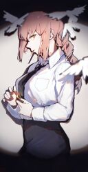 Rule 34 | 1girl, absurdres, bird, black necktie, braid, breasts, chainsaw man, cigarette, collared shirt, formal, highres, large breasts, long hair, long sleeves, looking at viewer, makima (chainsaw man), mouth hold, necktie, sentter, shirt, single braid, suit, white shirt, wrist cuffs, yellow eyes