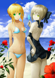 Rule 34 | 2girls, ahoge, artoria pendragon (all), artoria pendragon (fate), bad id, bad pixiv id, bikini, blonde hair, breasts, fate/stay night, fate (series), green eyes, highres, md5 mismatch, multiple girls, official alternate costume, saber (fate), saber alter, small breasts, solru, swimsuit, yellow eyes