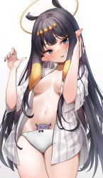Rule 34 | 1girl, absurdres, black hair, blue eyes, blush, breasts, halo, highres, hololive, hololive english, long hair, medium breasts, midriff, nail polish, navel, ninomae ina&#039;nis, open clothes, open shirt, panties, parted lips, pointy ears, purple nails, scarlet (wv0102), simple background, solo, takodachi (ninomae ina&#039;nis), tentacle hair, underwear, virtual youtuber, white background, white panties