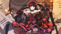Rule 34 | 10s, 1girl, bad id, bad pixiv id, bare shoulders, black hair, black thighhighs, breasts, clock eyes, date a live, dress, garter straps, hairband, heterochromia, highres, lolita fashion, lolita hairband, long hair, looking at viewer, open mouth, red eyes, smile, solo, swd3e2, symbol-shaped pupils, thighhighs, tokisaki kurumi, twintails, yellow eyes