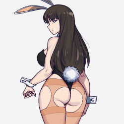 Rule 34 | 1girl, animal ears, ass, ass cutout, ass focus, bare shoulders, black eyes, black hair, black leotard, blunt bangs, breasts, clothing cutout, collar, cowboy shot, curvy, detached collar, detached sleeves, fake animal ears, fake tail, female focus, from behind, girls und panzer, highleg, highleg leotard, highres, large breasts, leotard, long hair, looking at viewer, looking back, mature female, nishizumi shiho, onsen tamago (hs egg), pantyhose, playboy bunny, rabbit ears, rabbit tail, simple background, solo, standing, straight hair, tail, thigh cutout, thighband pantyhose, thong, thong leotard, white background, wide hips, wrist cuffs