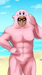 Rule 34 | 1boy, 1other, beach, captain falcon, cowboy shot, highres, kirby, kirby (series), looking at viewer, mouthful mode, mp893, muscular, nintendo, ocean, salute, super smash bros., what